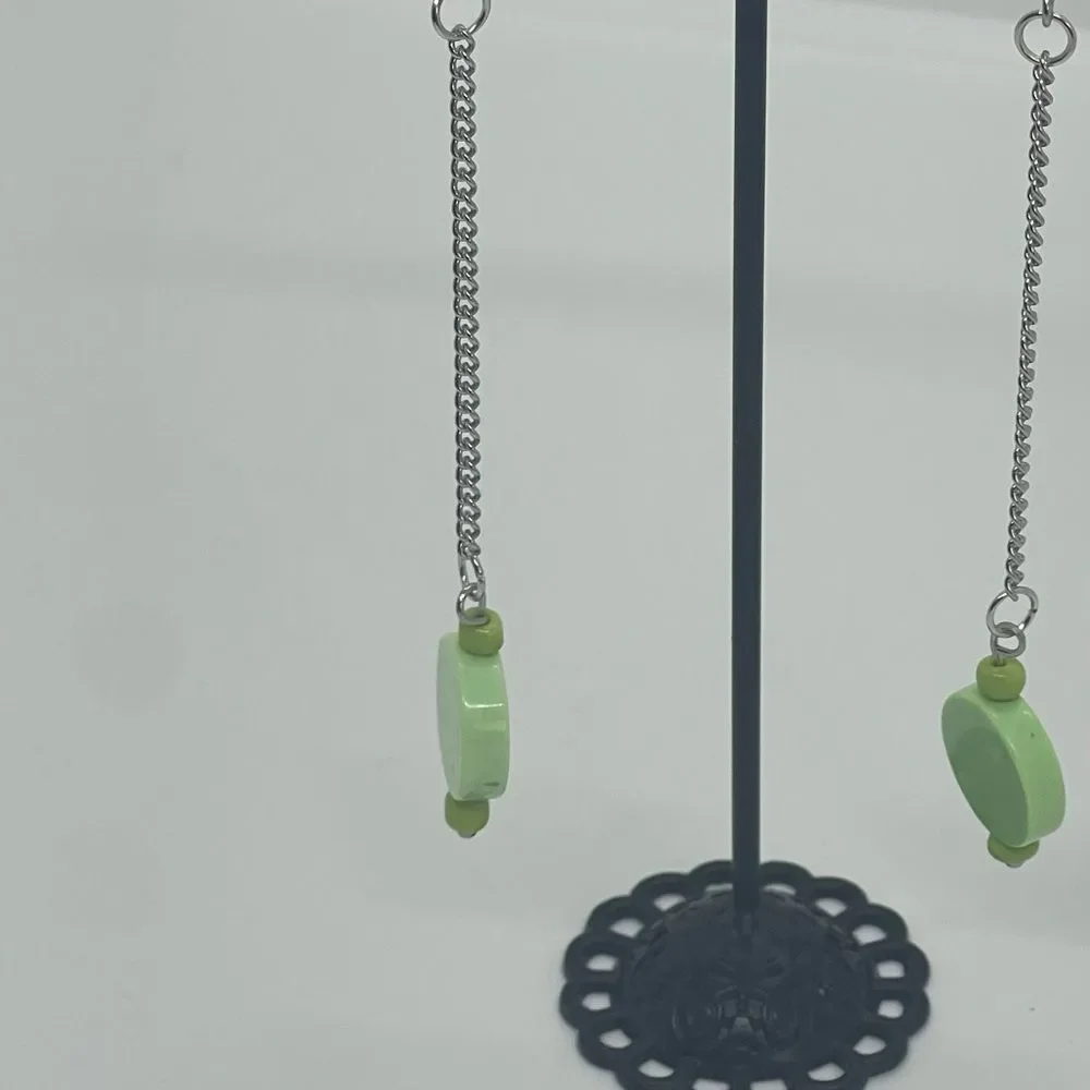 Hand Crafted Lime Green Gemstone With Silver Chain Earrings NWT